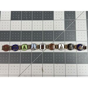 Vintage Paris France Landmarks Souvenir Bracelet 9 Small Panels Brass ? Enamel